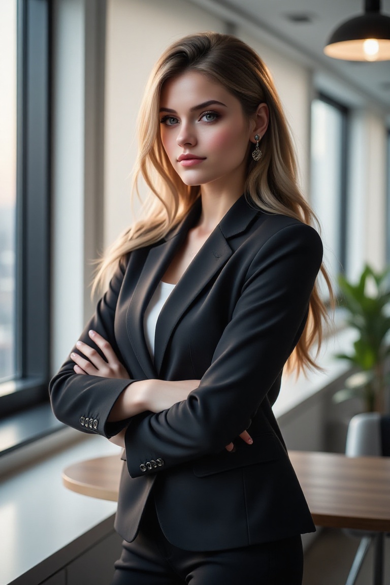 A hyper-realistic HD VSCO wallpaper featuring a woman in a sharp,  tailored suit standing in a modern office. The shot is...