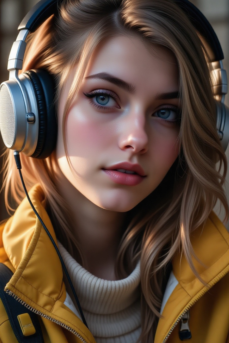 A VSCO wallpaper featuring a close-up of a lady wearing headphones and a stylish jacket. She has a serene expression,  wit...