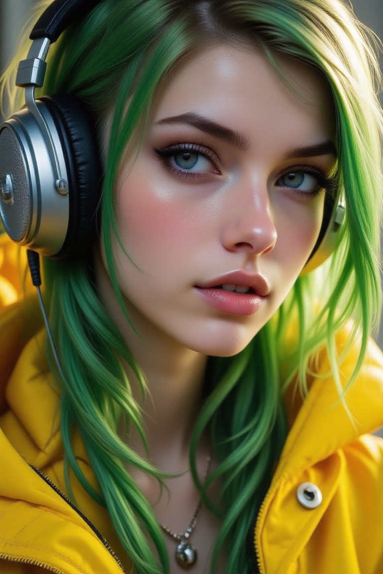 A VSCO wallpaper featuring a portrait of a woman with green blonde hair,  wearing vibrant,  futuristic jacket and headphon...