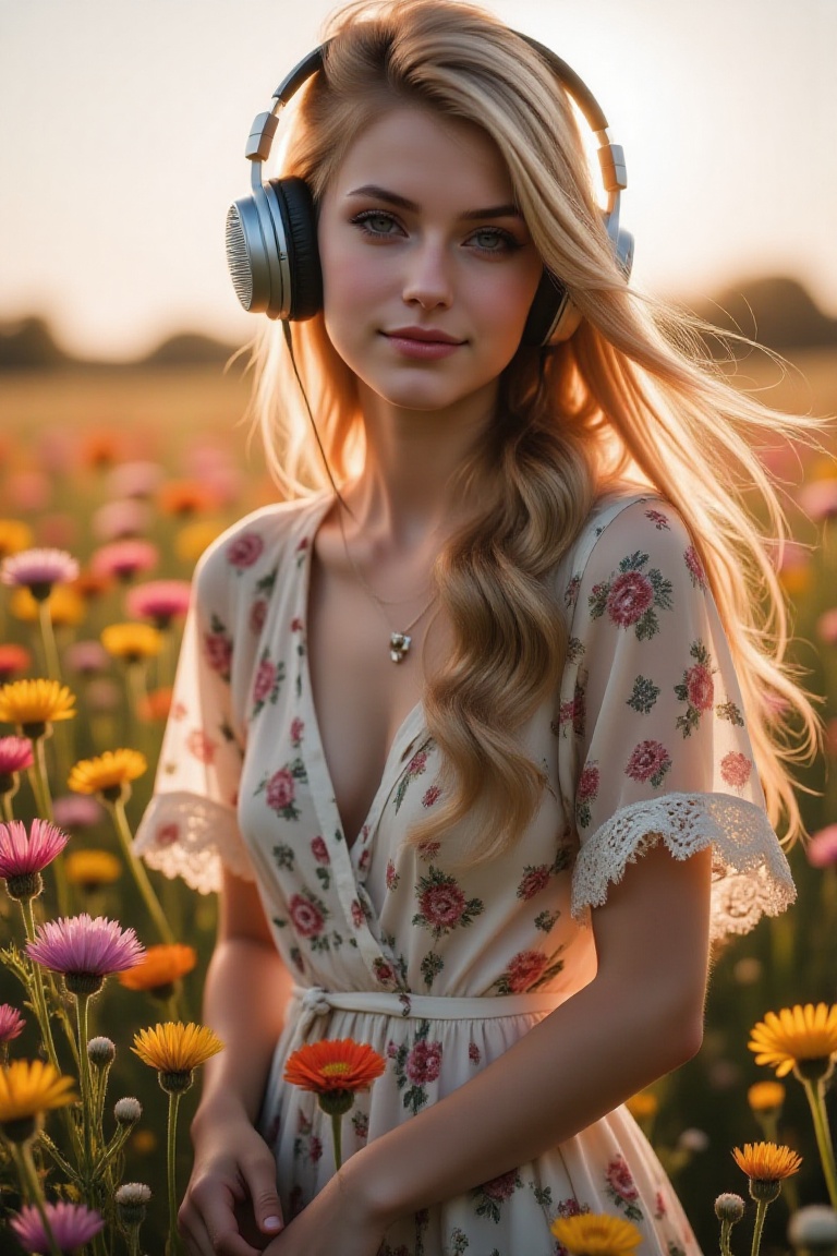 A VSCO-style wallpaper featuring a person wearing headphones and a floral-scented dress,  standing in a field of wildflowe...
