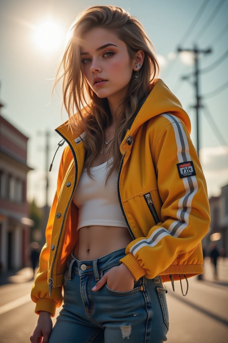 A hyper-realistic HD VSCO wallpaper featuring a woman in a cybernetic jacket and denims,  standing under the bright sun on...