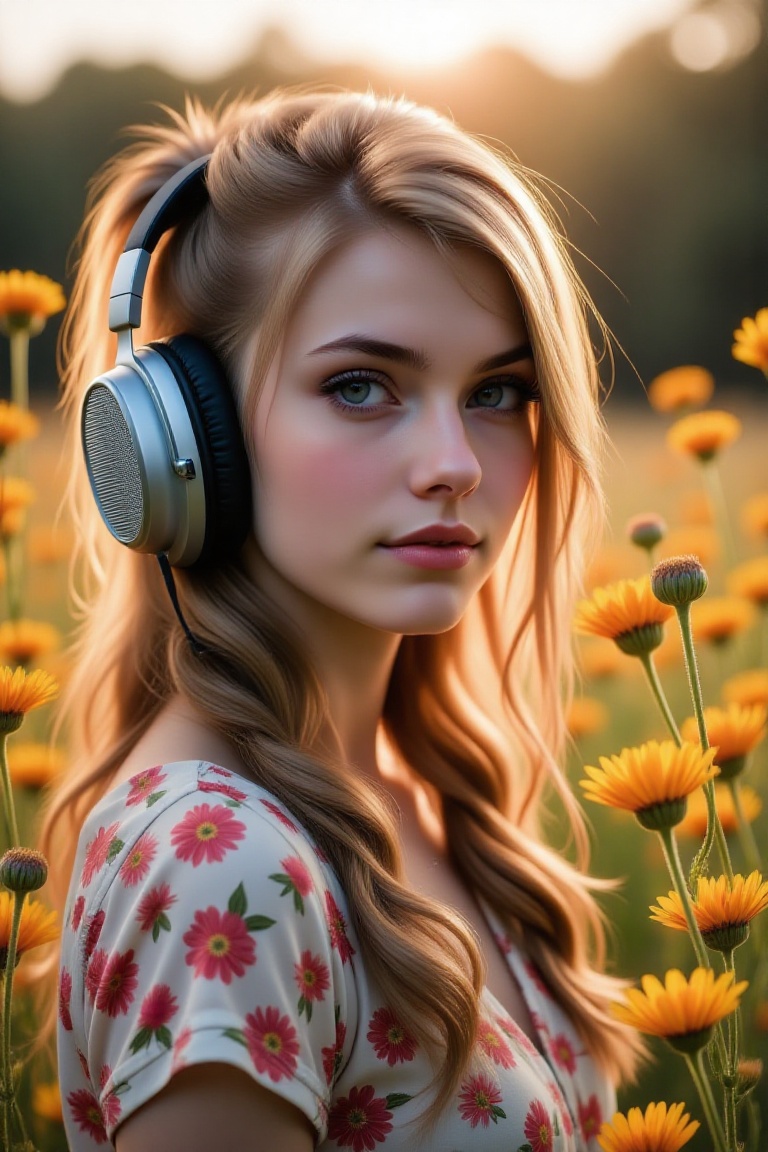 A VSCO-style wallpaper featuring a person wearing headphones and a floral-scented dress,  standing in a field of wildflowe...