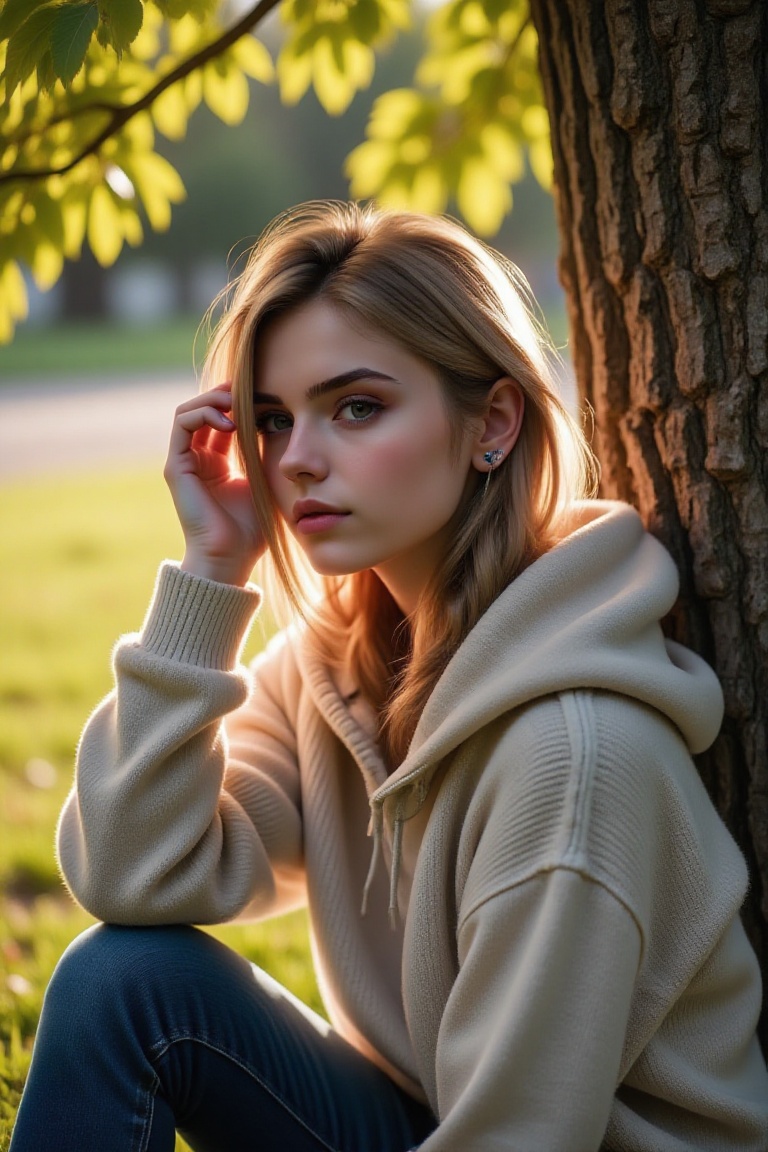 A VSCO-style wallpaper featuring a person without headphones,  wearing a cozy sweater and hoodie,  sitting under a tree. T...