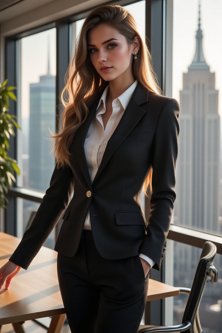 A hyper-realistic HD VSCO wallpaper featuring a woman in a sharp,  tailored suit standing in a modern office. The shot is...