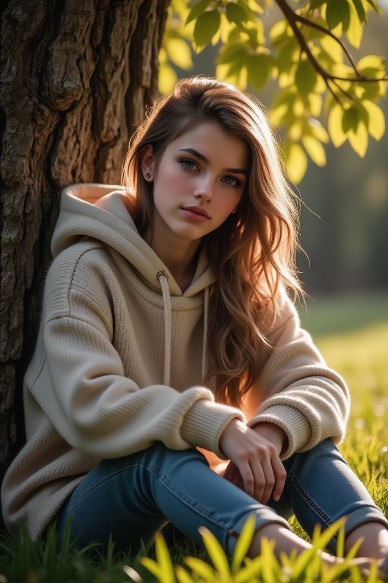 A VSCO-style wallpaper featuring a person without headphones,  wearing a cozy sweater and hoodie,  sitting under a tree. T...