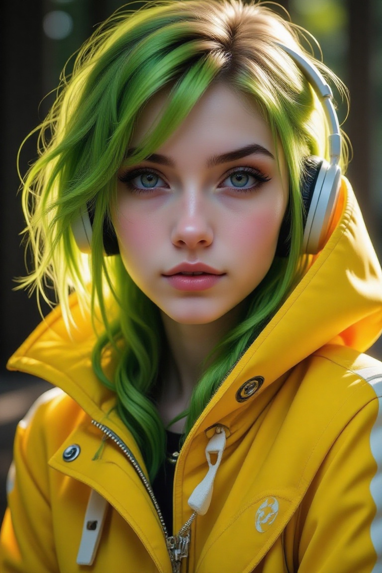 A VSCO wallpaper featuring a portrait of a woman with green blonde hair,  wearing vibrant,  futuristic jacket and headphon...