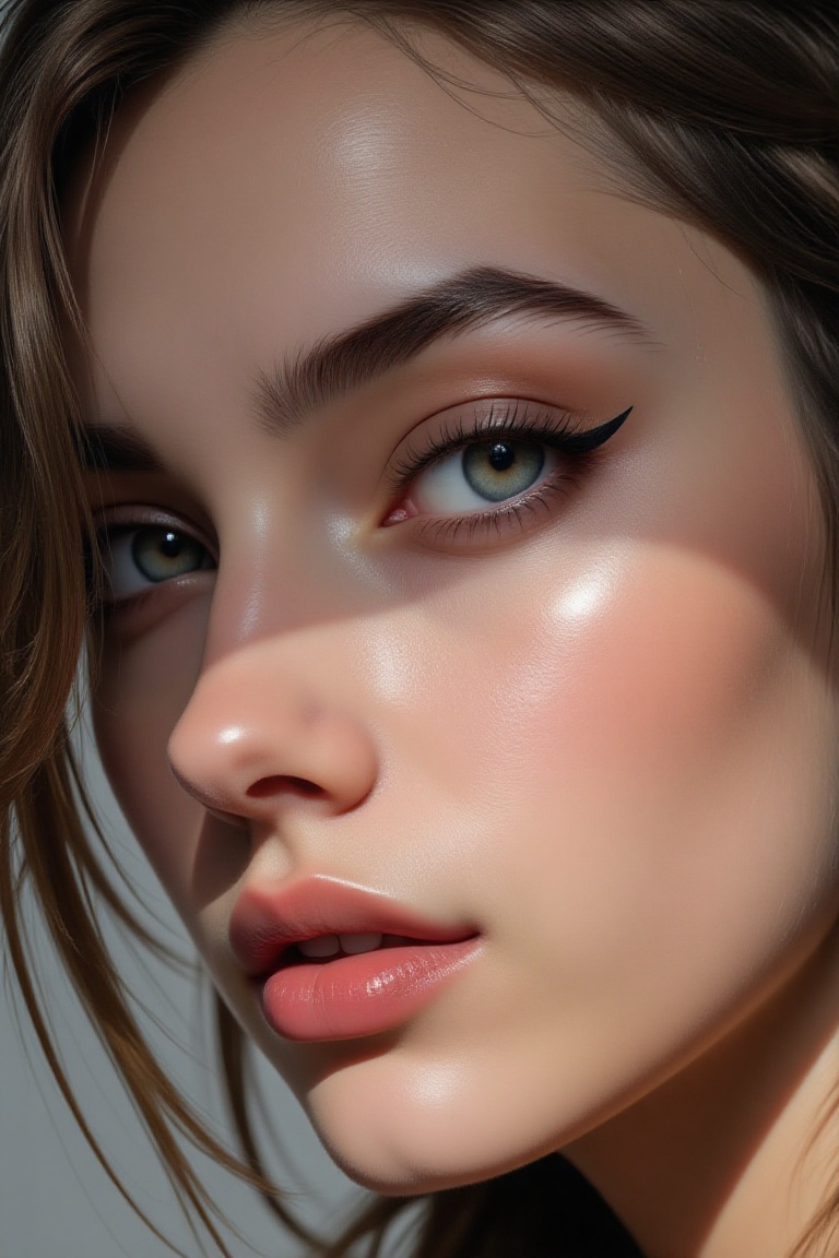 A hyper-realistic close-up of a woman,  framed with VSCO aesthetics. Her skin is flawless,  with intricate details in her...