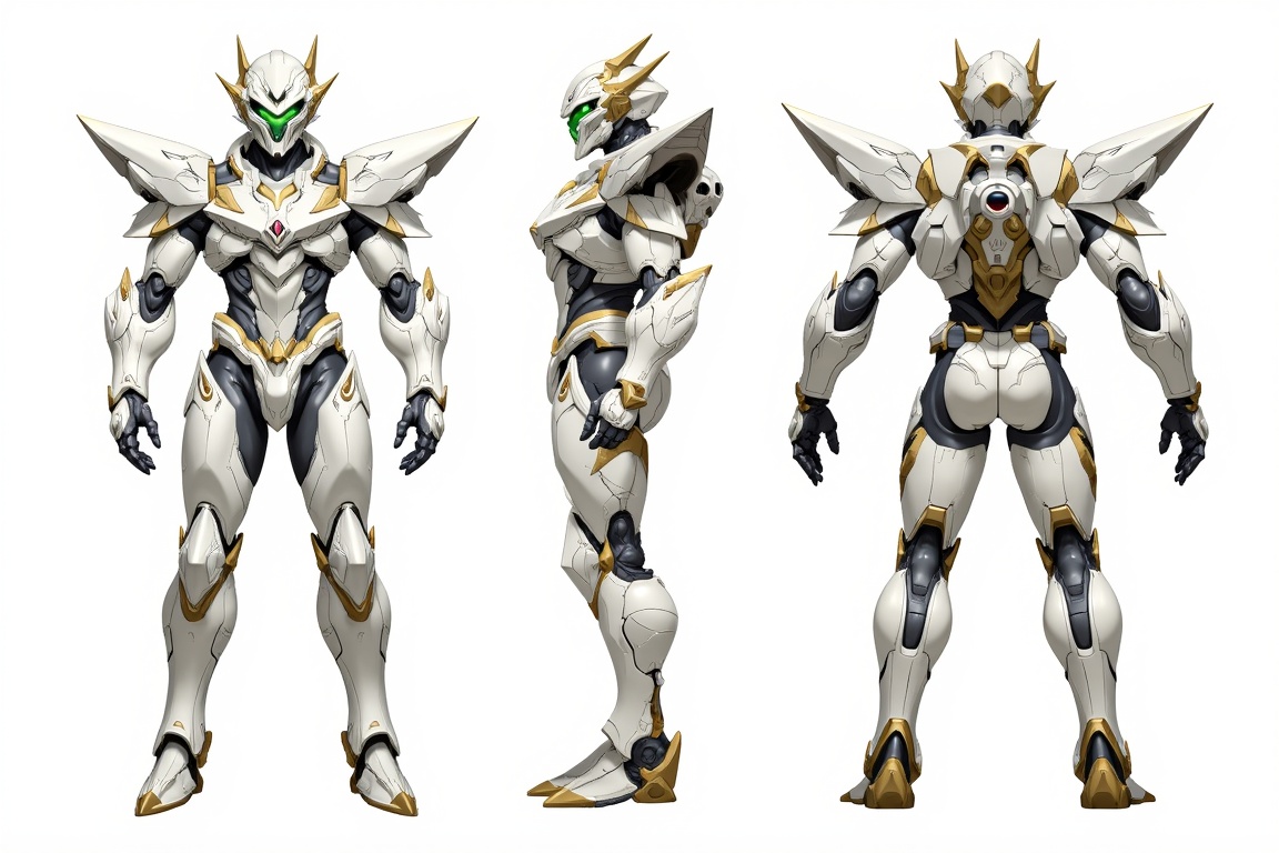 Create a futuristic,  robotic humanoid character with highly detailed,  angular armor. The character’s armor is predominan...