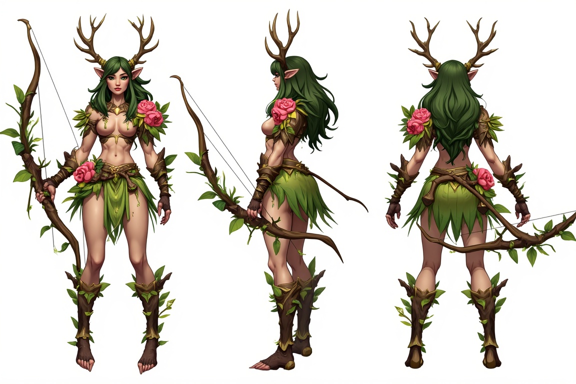 Create a detailed image of a fierce forest dryad huntress,  shown from three different angles: front,  side on Tensor.Art