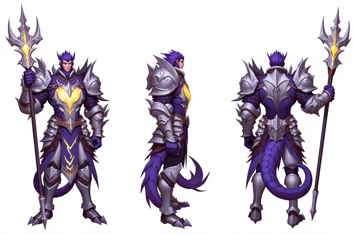 Create a detailed image of a fierce thunder dragon knight with dragon-like features,  shown from three different angles: f...
