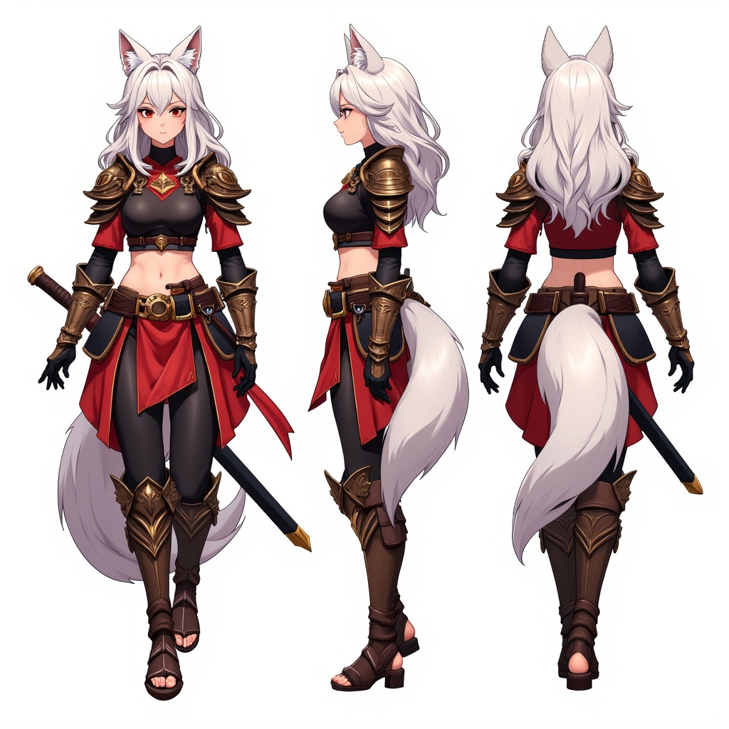 Create a detailed image of a fierce warrior woman with fox-like features,  shown from three different angles: front,  side...
