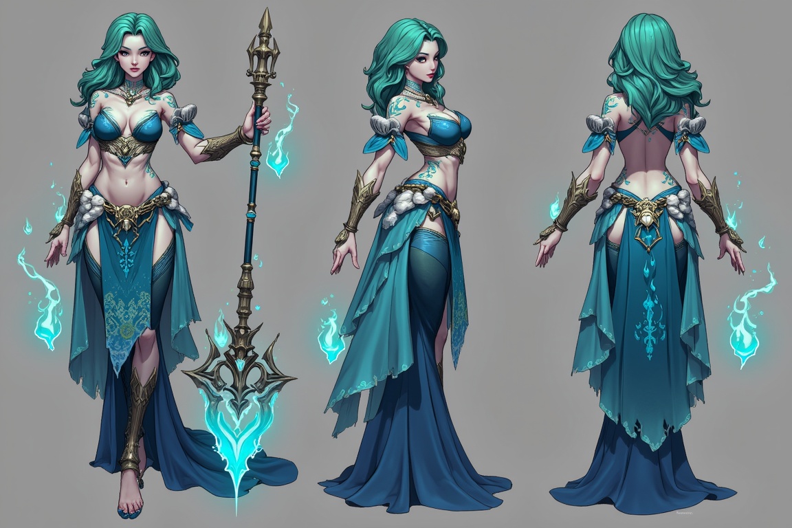 reate a detailed image of a captivating ocean siren sorceress,  shown from three different angles: front,  side on Tensor.Art