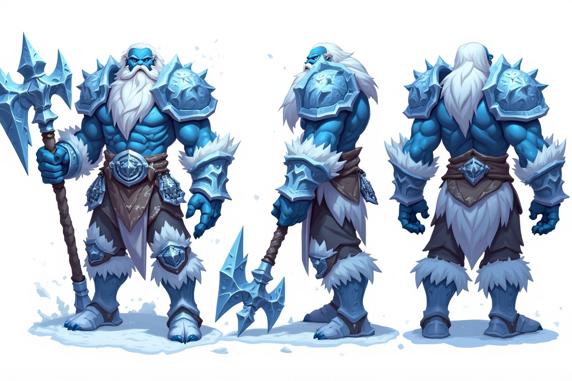 Create a detailed image of a powerful frost giant berserker,  shown from three different angles: front,  side on Tensor.Art
