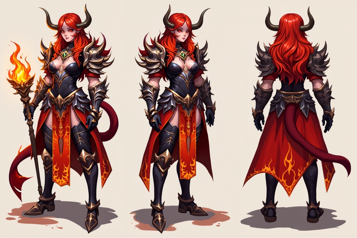 Create a detailed image of a menacing fire demon empress,  shown from three different angles: front,  side on Tensor.Art