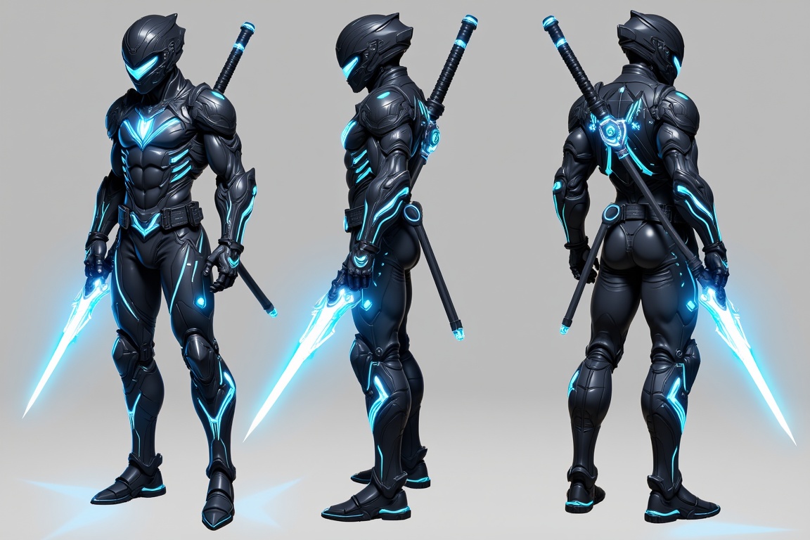 Create a sleek,  futuristic cyber ninja character with black and neon blue armor. The armor should be slim and flexible,...