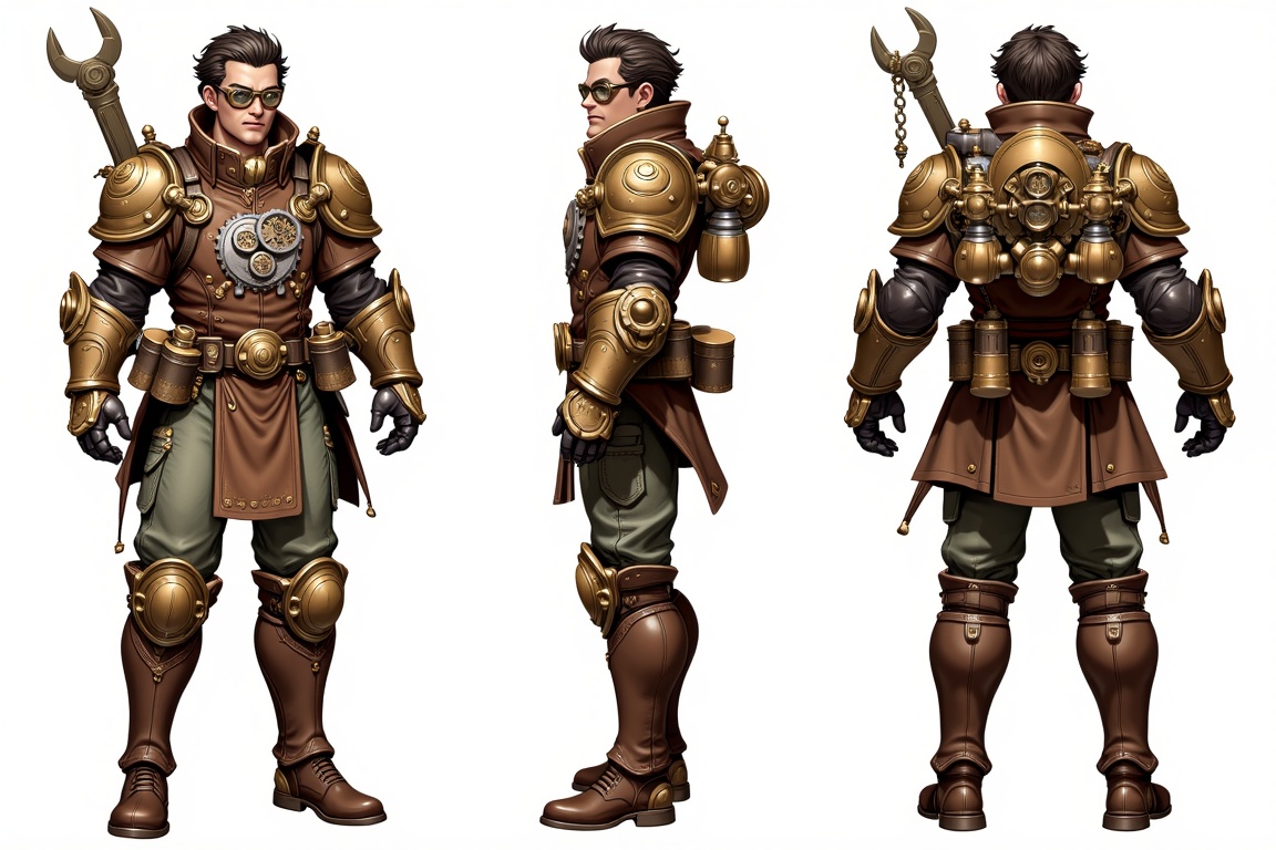 Create a steampunk adventurer with brown leather armor,  bronze goggles,  and mechanical accessories. The character wears...