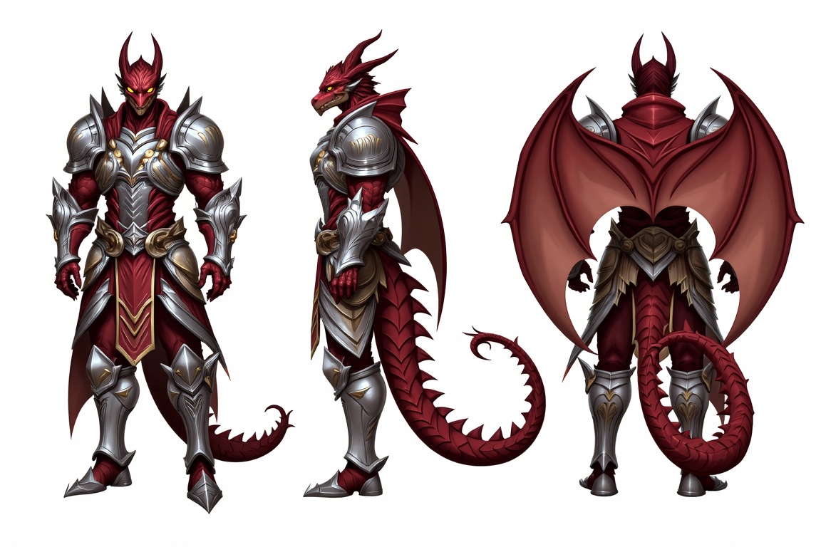 Design a dragon-inspired humanoid warrior clad in dark red and silver armor. The armor is scaled and plated with spikes al...