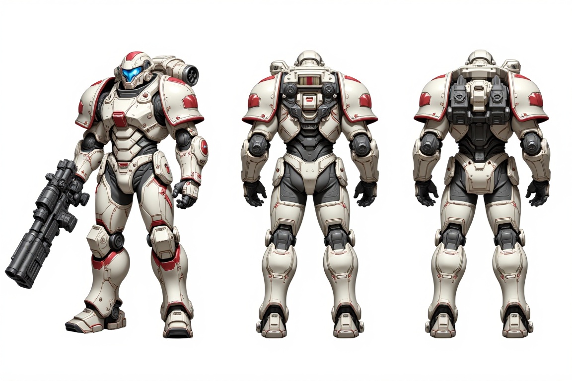 esign a heavily armored space marine in white and red power armor. The armor is bulky with large shoulder pads,  a helmet...