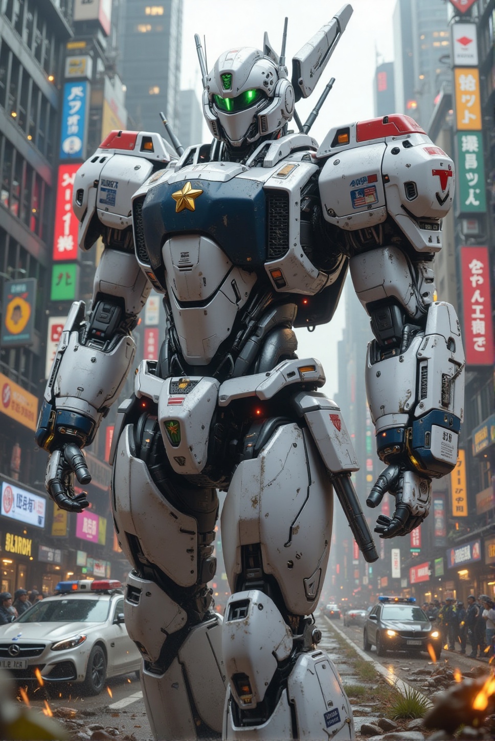 sleek AV-98 Ingram from Mobile Police Patlabor,  a massive,  towering humanoid police robot with a sleek white and black c...