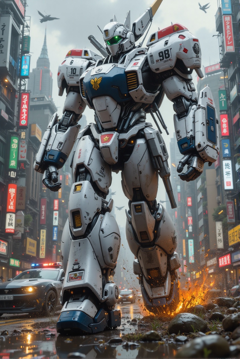 sleek AV-98 Ingram from Mobile Police Patlabor,  a massive,  towering humanoid police robot with a sleek white and black c...