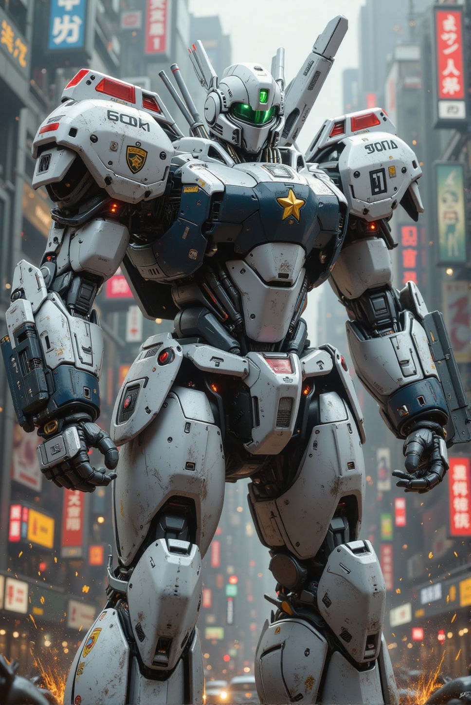 sleek AV-98 Ingram from Mobile Police Patlabor,  a massive,  towering humanoid police robot with a sleek white and black c...