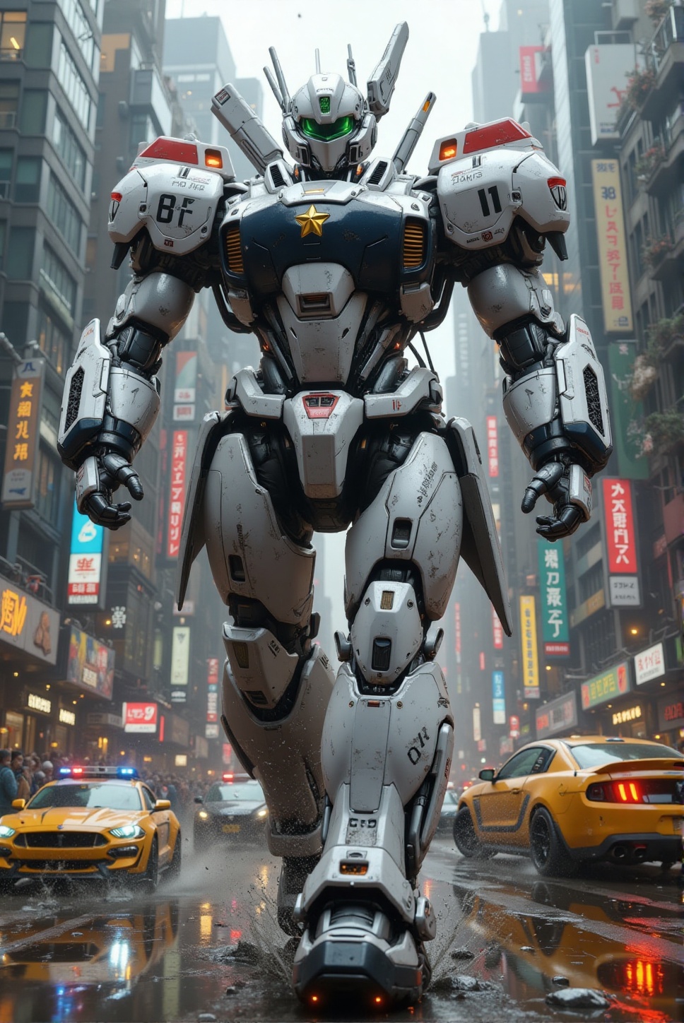 sleek AV-98 Ingram from Mobile Police Patlabor,  a massive,  towering humanoid police robot with a sleek white and black c...