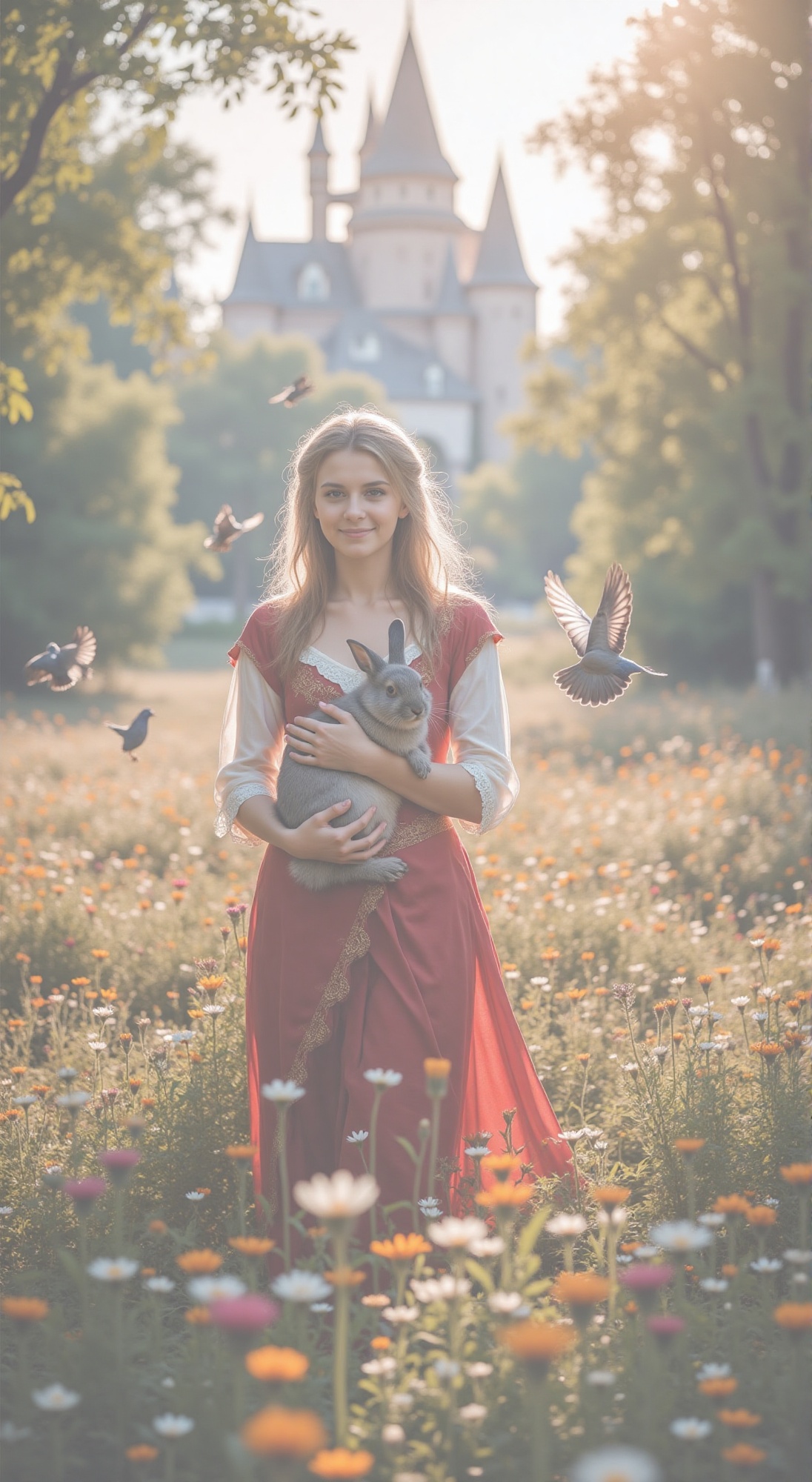 Whimsical princess strolls through vibrant flower field,  golden sunlight casting warm rays on her radiant face,  delicate...