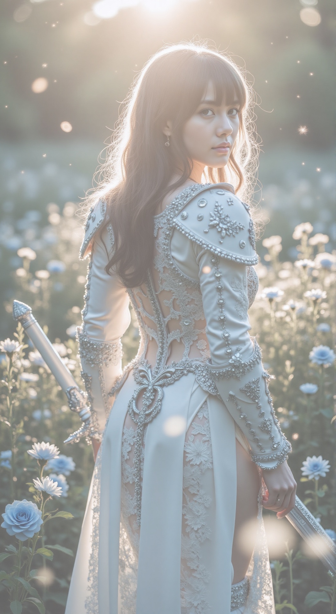 back angle view of a majestic female warrior emerges from a serene background of light blue rose and snowflakes,  gaze the...