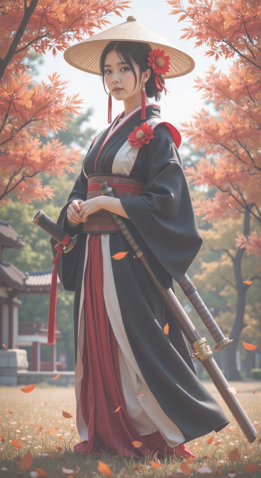 A majestic warrior stands tall amidst autumn's vibrant hues,  clad in traditional Japanese attire with black,  white on Te...
