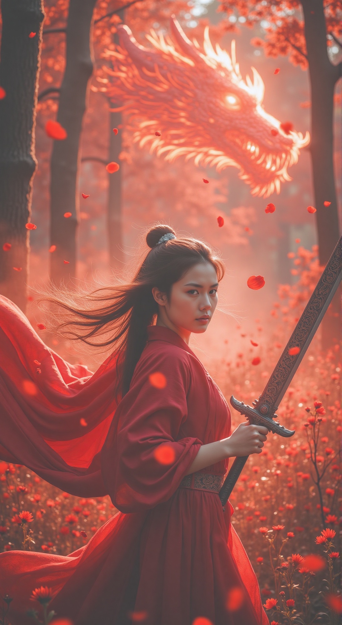 In a low-angle view,  the warrior woman's face,  framed by a sea of flowing red hair on Tensor.Art