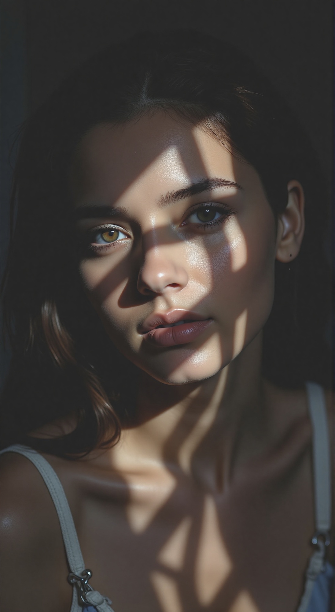 A cinematic noir portrait of a young woman,  her face bathed in diffused window light that wraps around her features with...