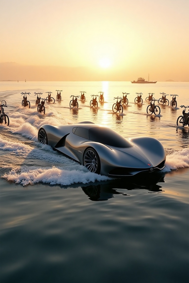 A sleek,  futuristic car racing on the surface of the calm sea,  surrounded by numerous bicycles floating effortlessly aro...