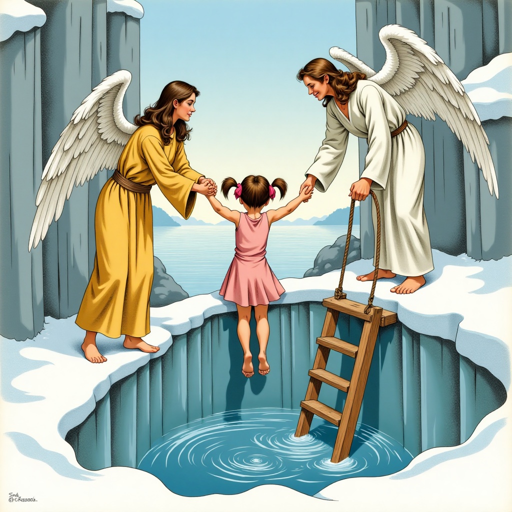 baptism,  two angels hold a girl’s hands on both sides and lower the girl into an ice hole,  a wooden ladder is lowered in...