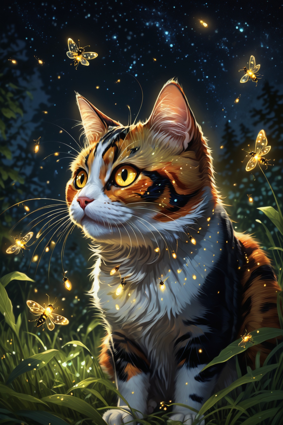 An illustrated closeup scene of a calico cat playing with fireflies at night. The cat is curious and playful. It is swatti...