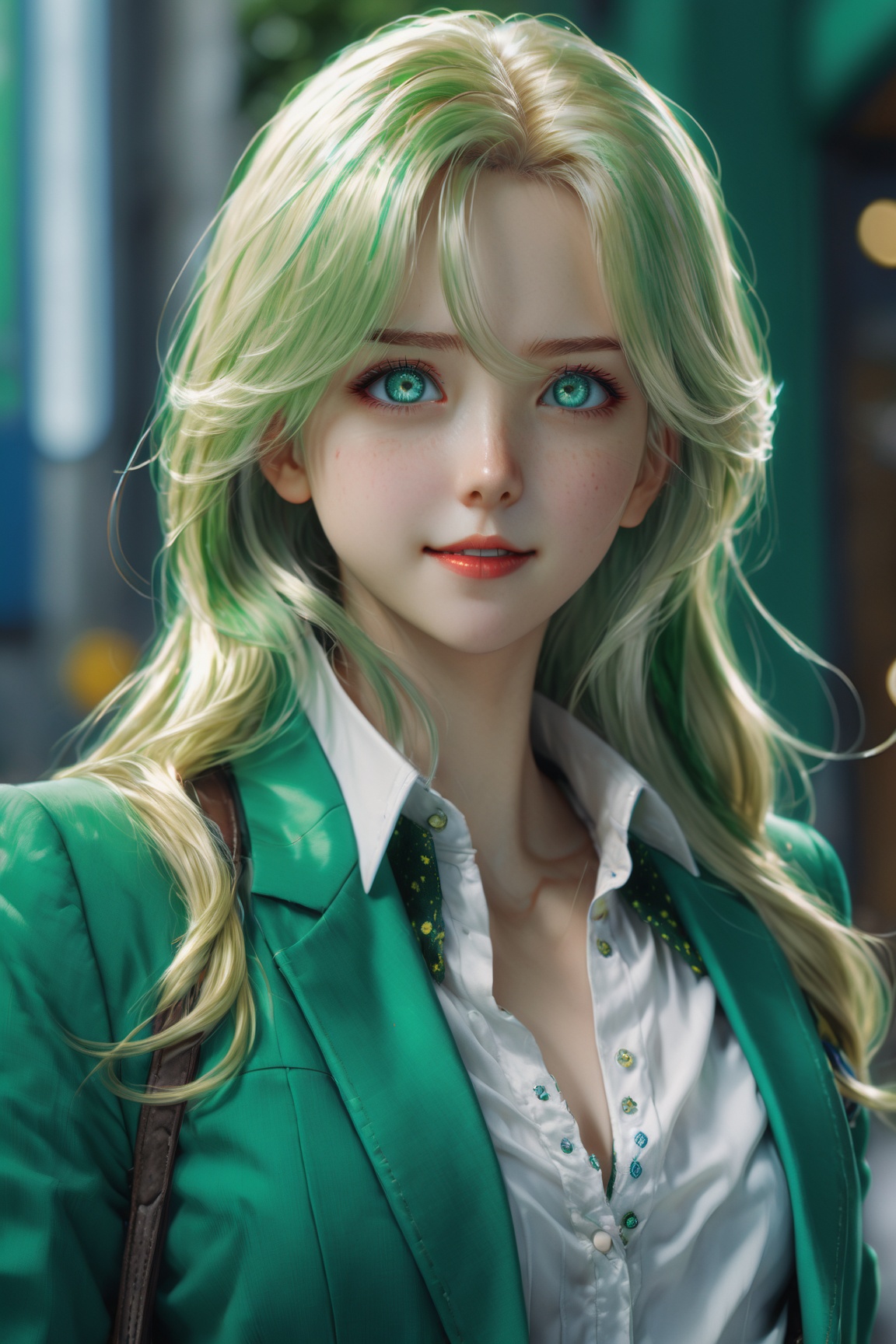 girl with long platinum blond hair in green blazer and white blouse,  azure eyes,  shy smile on Tensor.Art