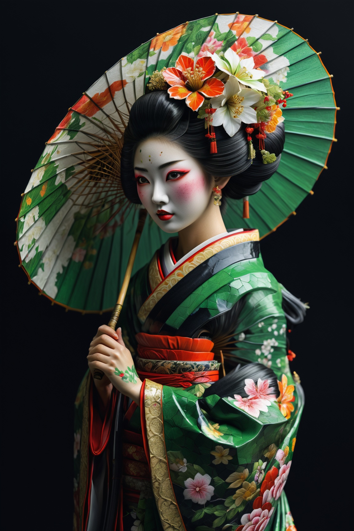 Create a breathtaking Portrait side view of a beautiful geisha with traditional clothes and flower drawed umbrella,  looki...
