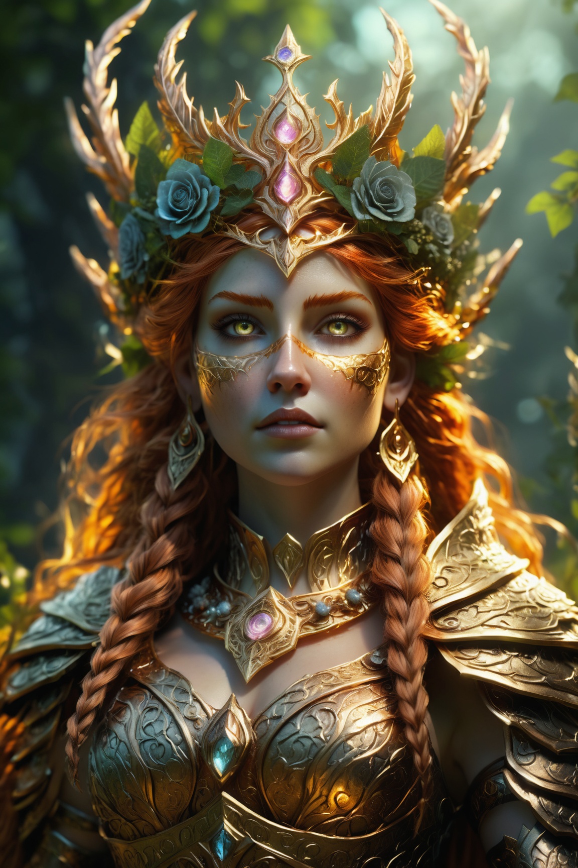 ultra detailed druid goddess with a crown made out of pure light,  kind-hearted with a penetrating gaze,  golden glow on T...