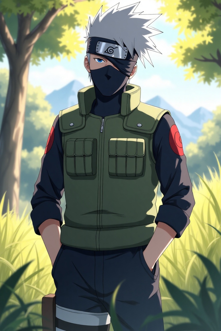 Kakashi Hatake,  anime style,  standing in a forest clearing on Tensor.Art