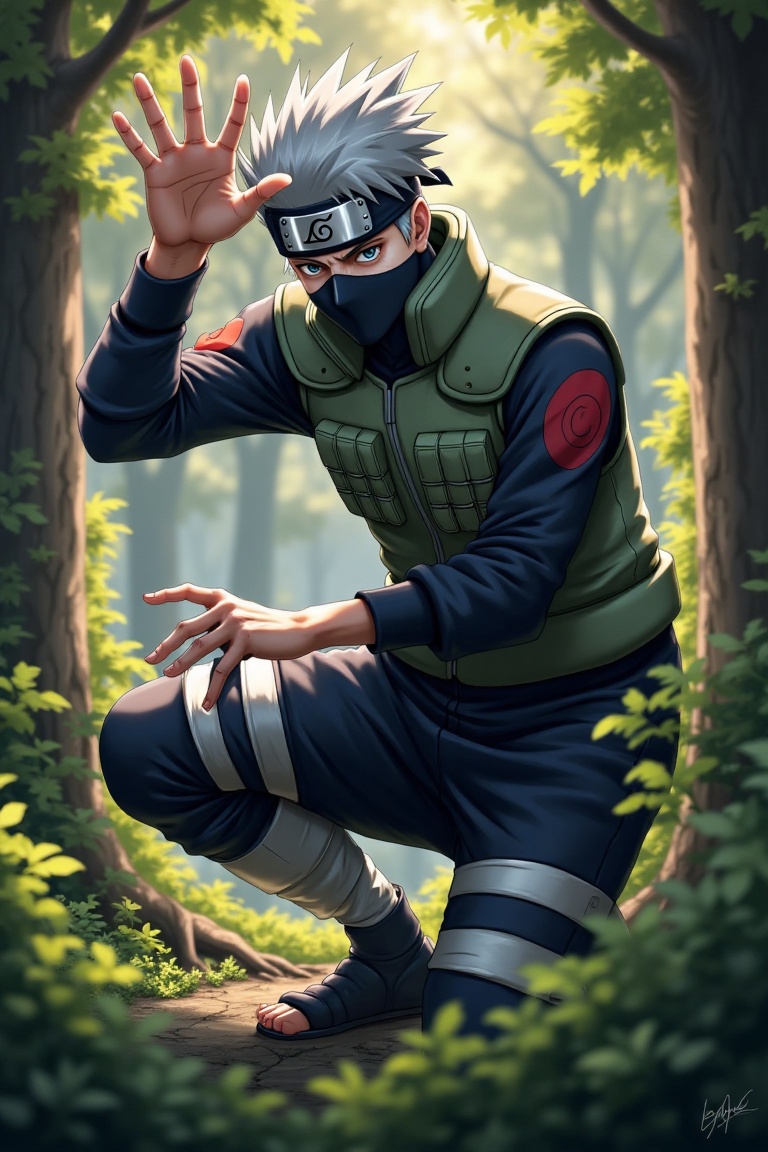 Kakashi Hatake,  realistic,  in a dynamic action pose within a dense forest. He is crouched on Tensor.Art