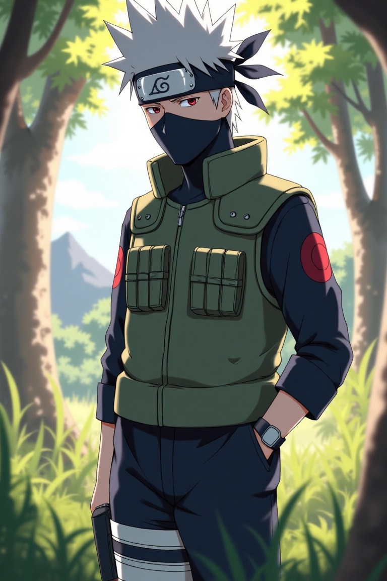 Kakashi Hatake,  anime style,  standing in a forest clearing on Tensor.Art