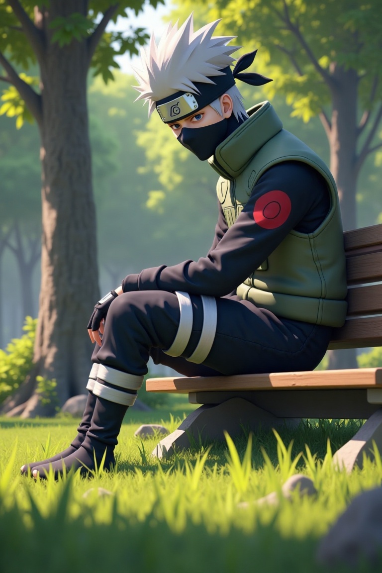 Kakashi Hatake,  in a 3D animation,  sitting on a wooden bench in a peaceful forest clearing. He is relaxed on Tensor.Art