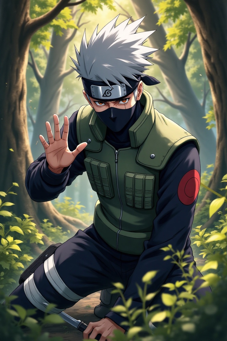 Kakashi Hatake,  realistic,  in a dynamic action pose within a dense forest. He is crouched on Tensor.Art