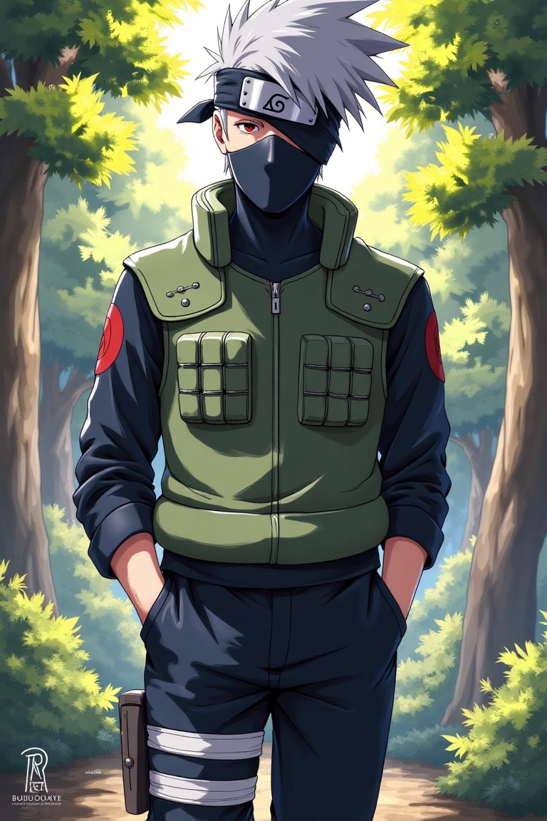 Kakashi Hatake,  in a detailed drawing with vibrant coloring. He stands in a casual yet alert pose,  one hand in his pocke...