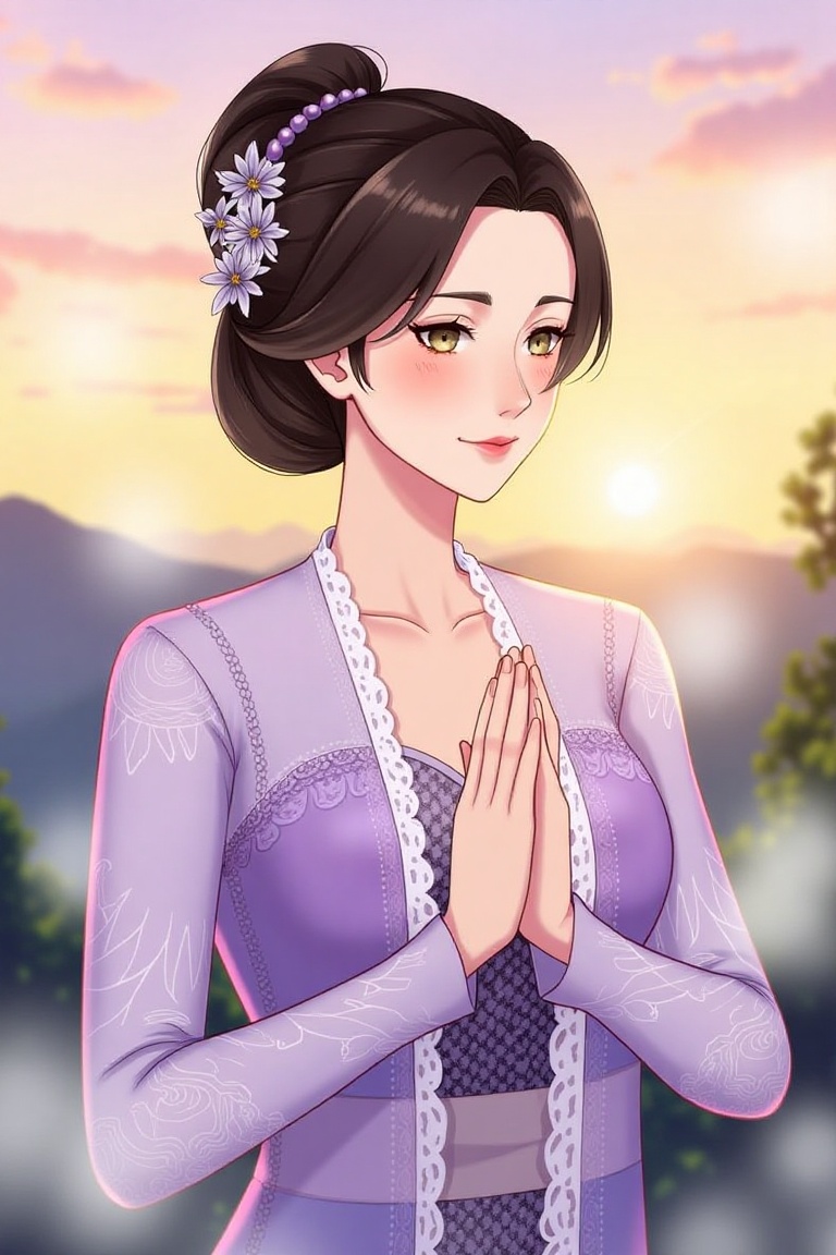 Anime illustration of a woman with curly hair in an elegant bun,  wearing a lavender kebaya. She’s seen against a mountain...