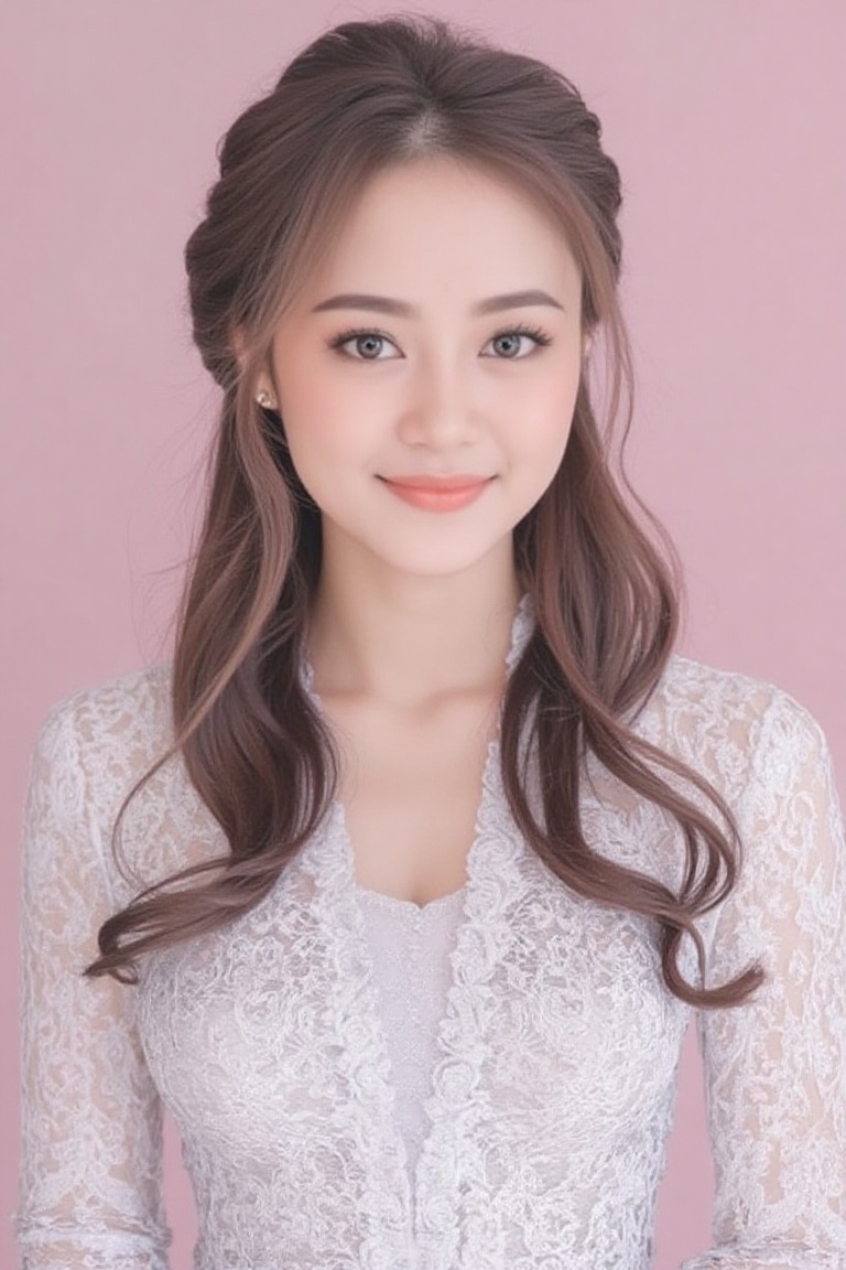 pov of beautiful long haired woman smiling happy wearing white kebaya in pink background,  name tag "Cantik" on Tensor.Art