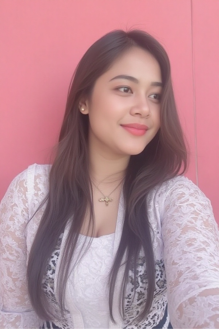shot from top pov of beautiful long haired woman selfie wearing white kebaya in pink background,  name tag "Cantik" on Ten...