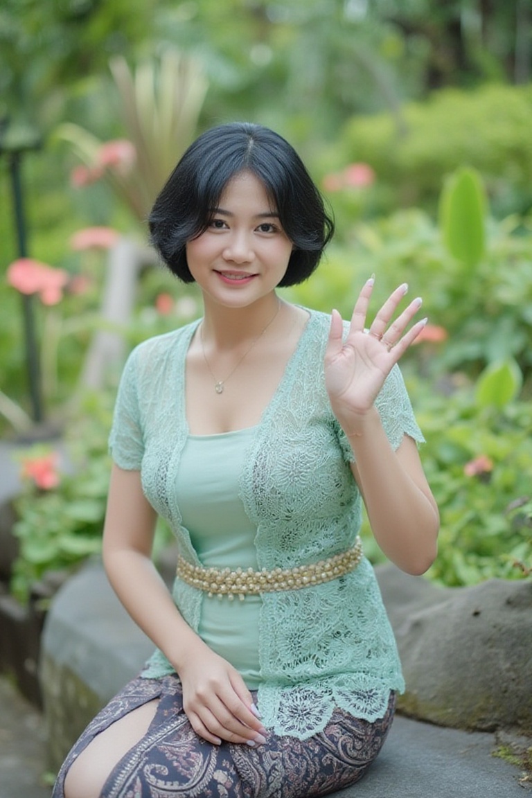 Photograph of a woman with short bobbed hair in a pastel green kebaya,  sitting on a stone bench in a botanical garden,  s...