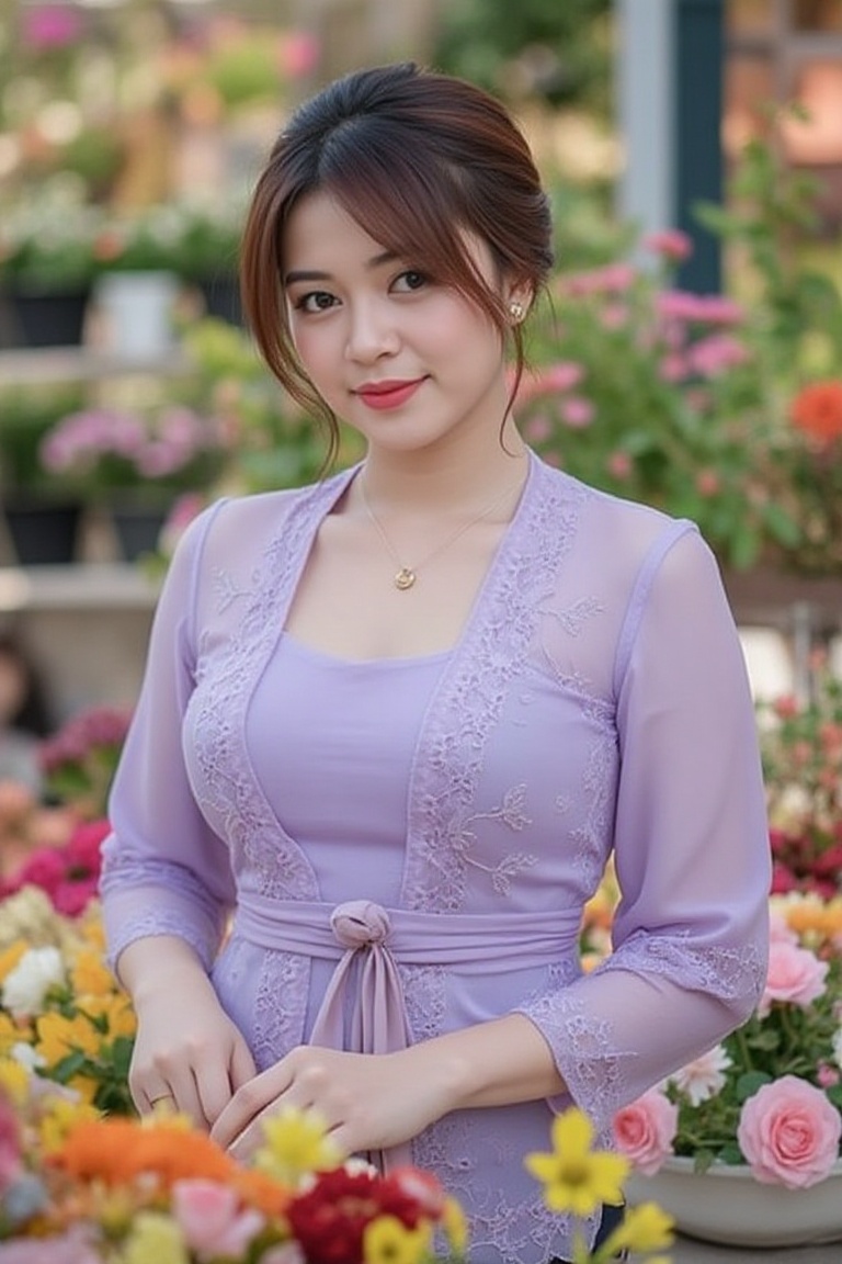 Photograph of a woman with a short,  layered haircut in a lavender kebaya,  standing at a flower shop with one hand holdin...