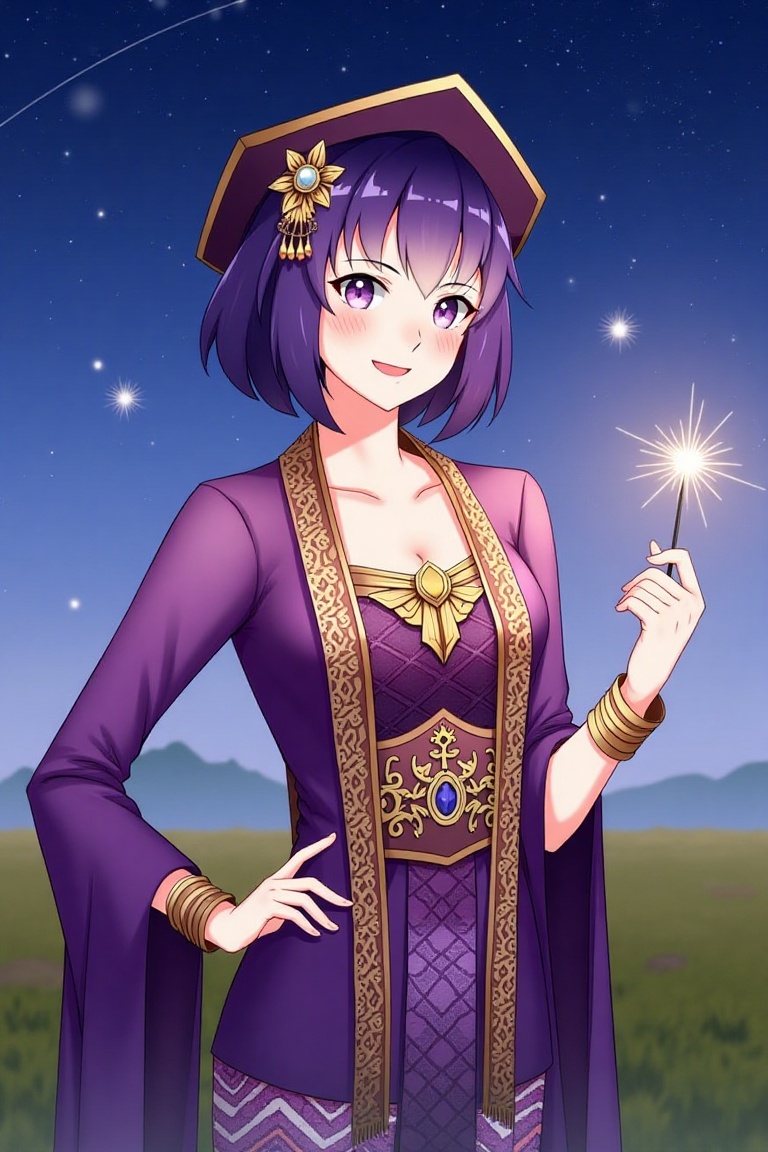 Anime illustration of Megumin from KonoSuba in a deep purple kebaya with gold accents,  standing under a starry sky in an...