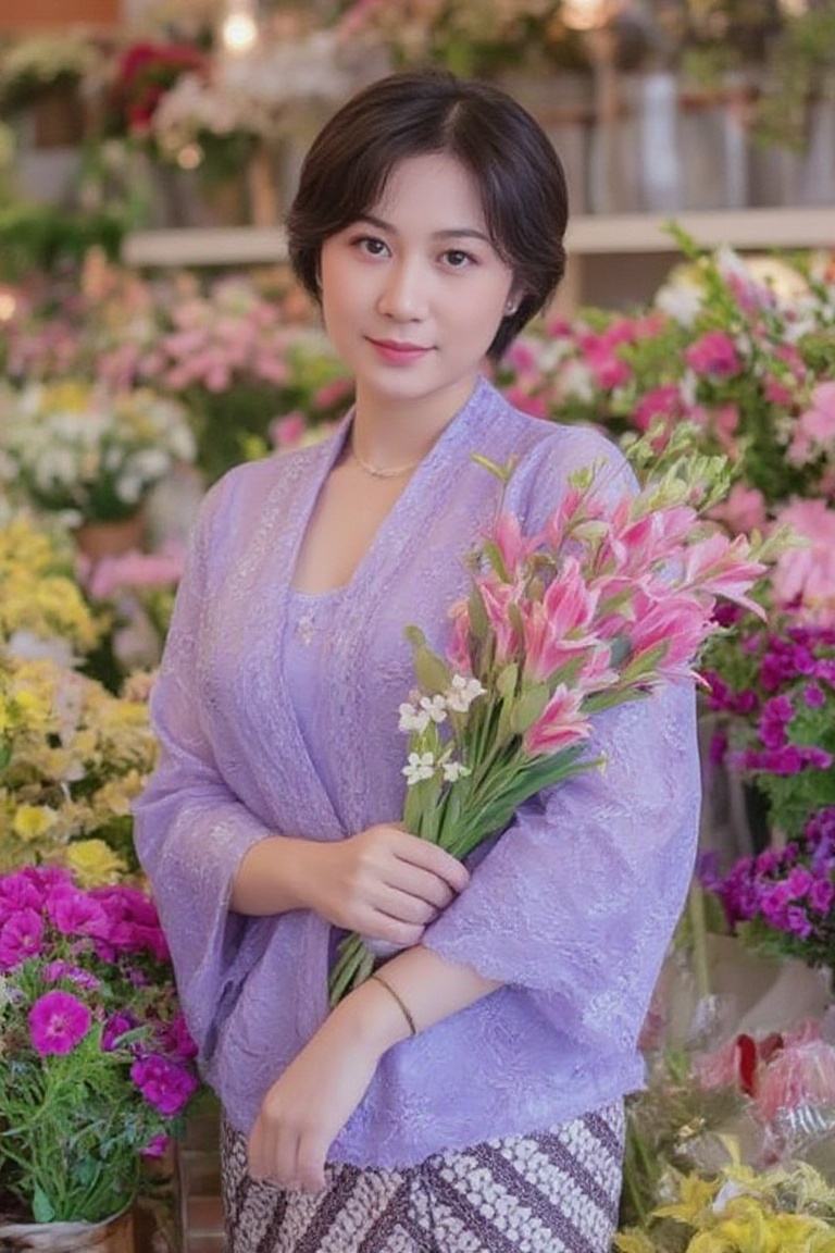 Photograph of a woman with a short,  layered haircut in a lavender kebaya,  standing at a flower shop with one hand holdin...